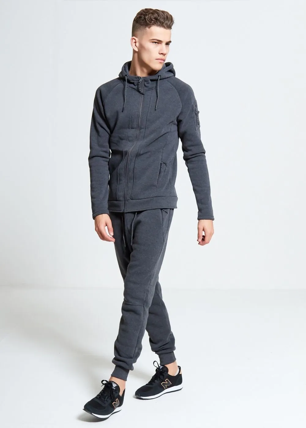 Comfy Charcoal Zip Through Skinny Fit Hooded Tracksuit Set  - ACCEPTING PRE-ORDERS