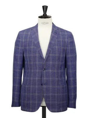 Corneliani Denim Blue & Light Brown Wool, Silk & Linen Windowpane Jacket