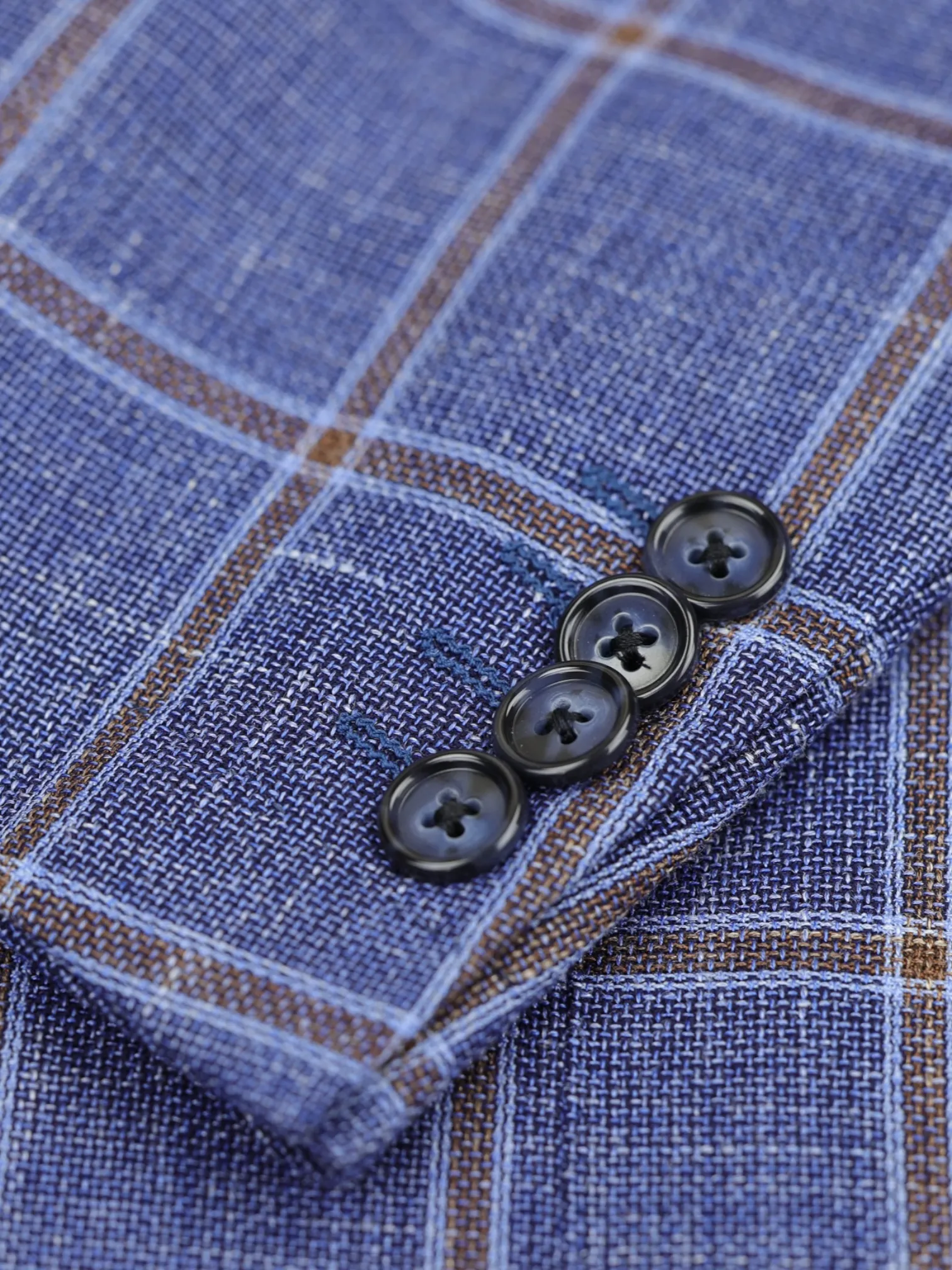 Corneliani Denim Blue & Light Brown Wool, Silk & Linen Windowpane Jacket