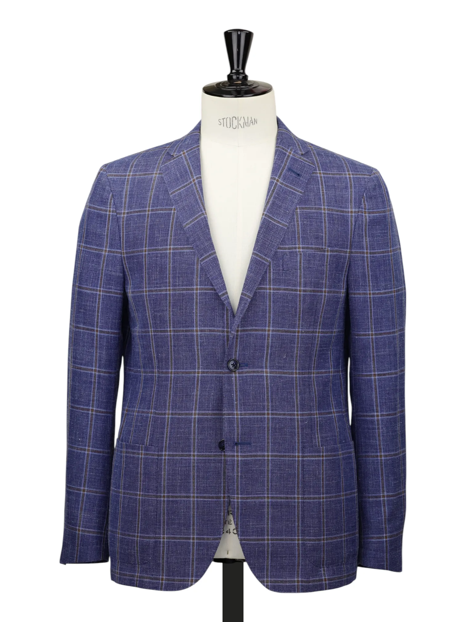 Corneliani Denim Blue & Light Brown Wool, Silk & Linen Windowpane Jacket