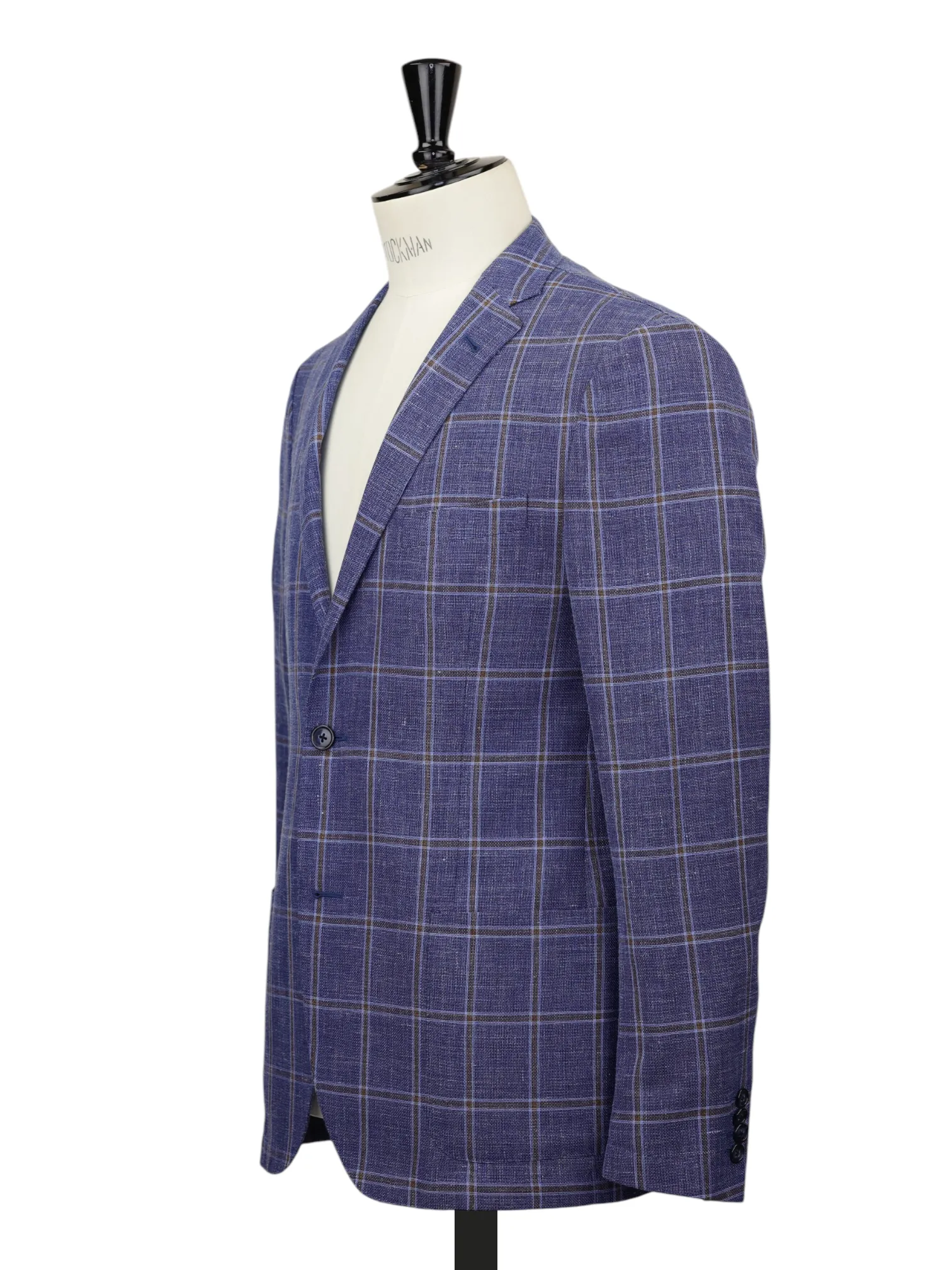 Corneliani Denim Blue & Light Brown Wool, Silk & Linen Windowpane Jacket