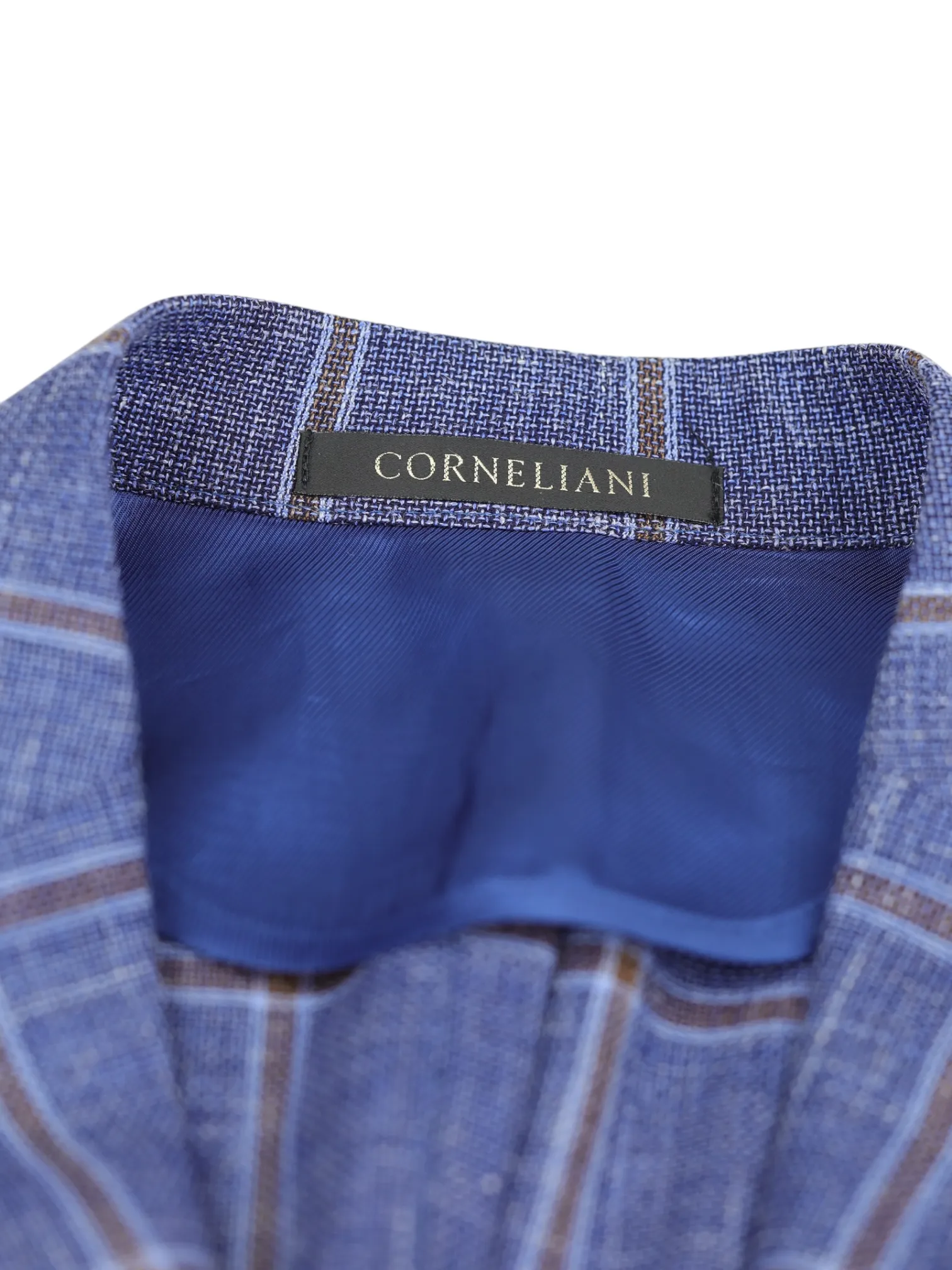 Corneliani Denim Blue & Light Brown Wool, Silk & Linen Windowpane Jacket
