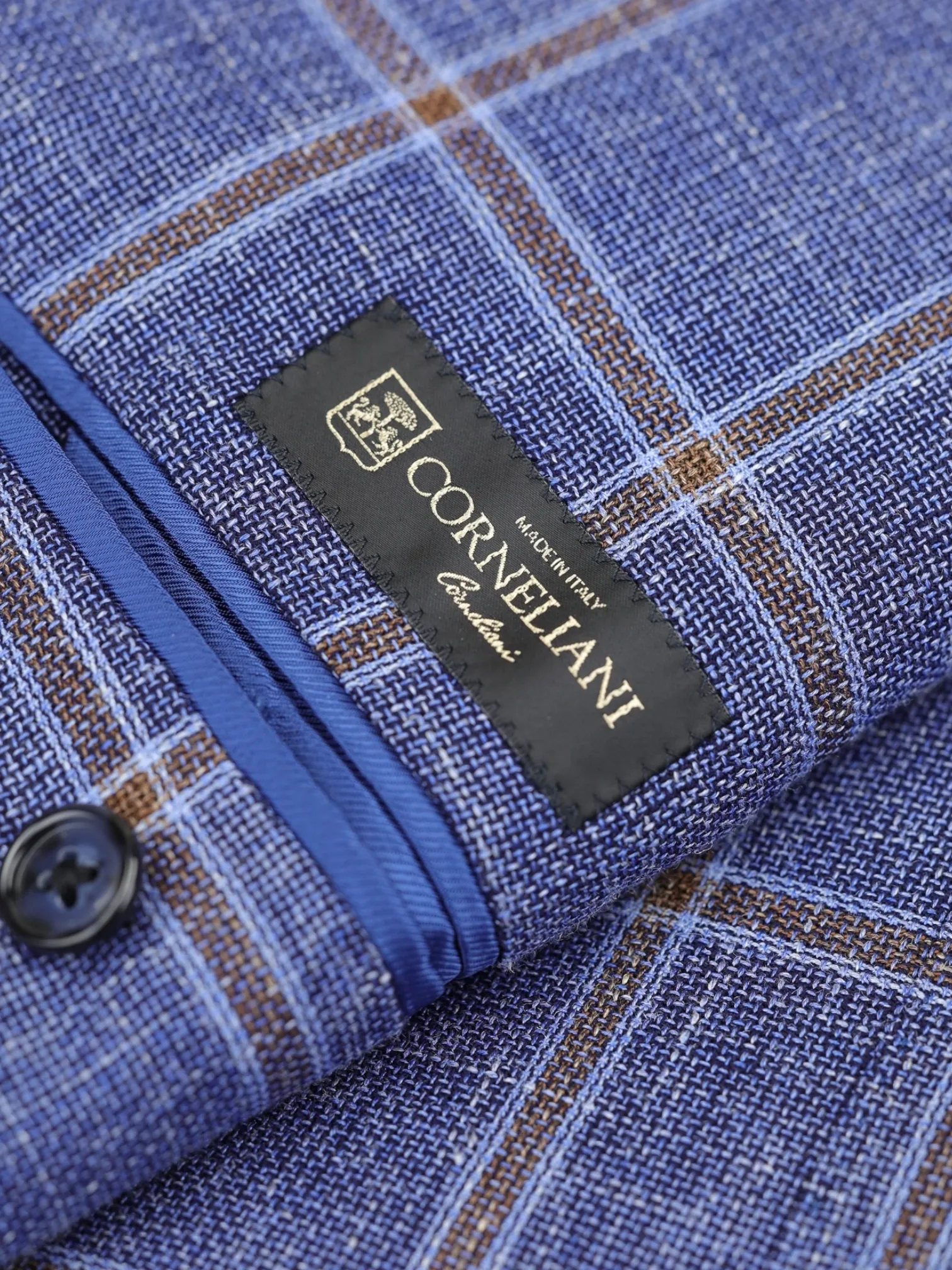 Corneliani Denim Blue & Light Brown Wool, Silk & Linen Windowpane Jacket