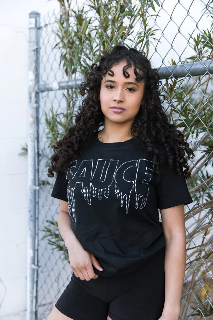 Crystal Clear Rhinestone Outline Sauce | Black Tee