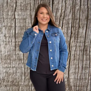 Denim Jean Jacket Medium Wash Frayed Hem