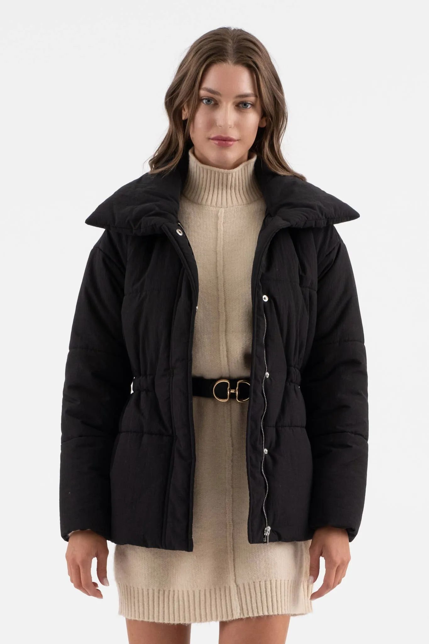 ELASTIC WAIST ZIP UP PUFFER JACKET: BLACK