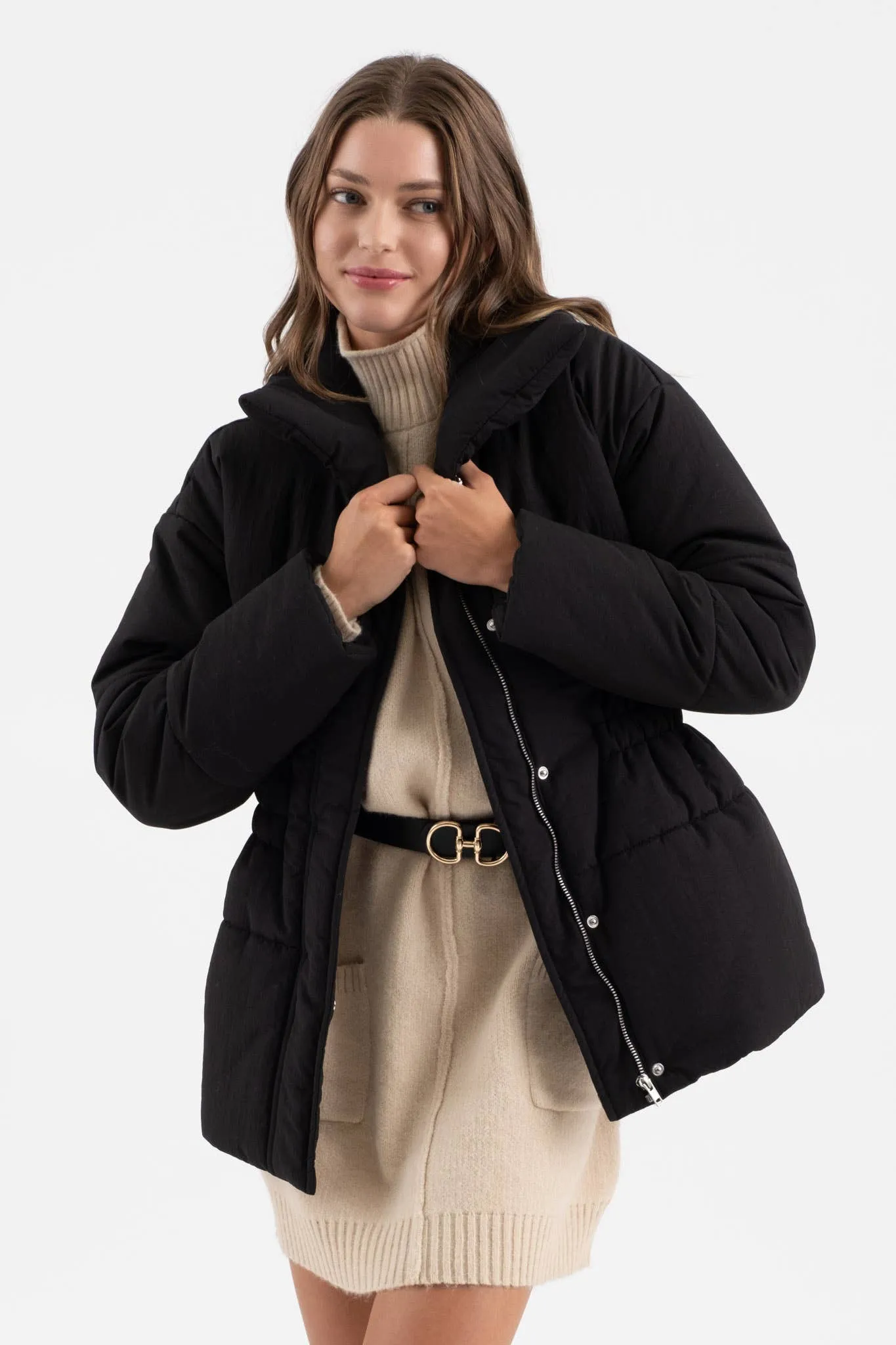 ELASTIC WAIST ZIP UP PUFFER JACKET: BLACK