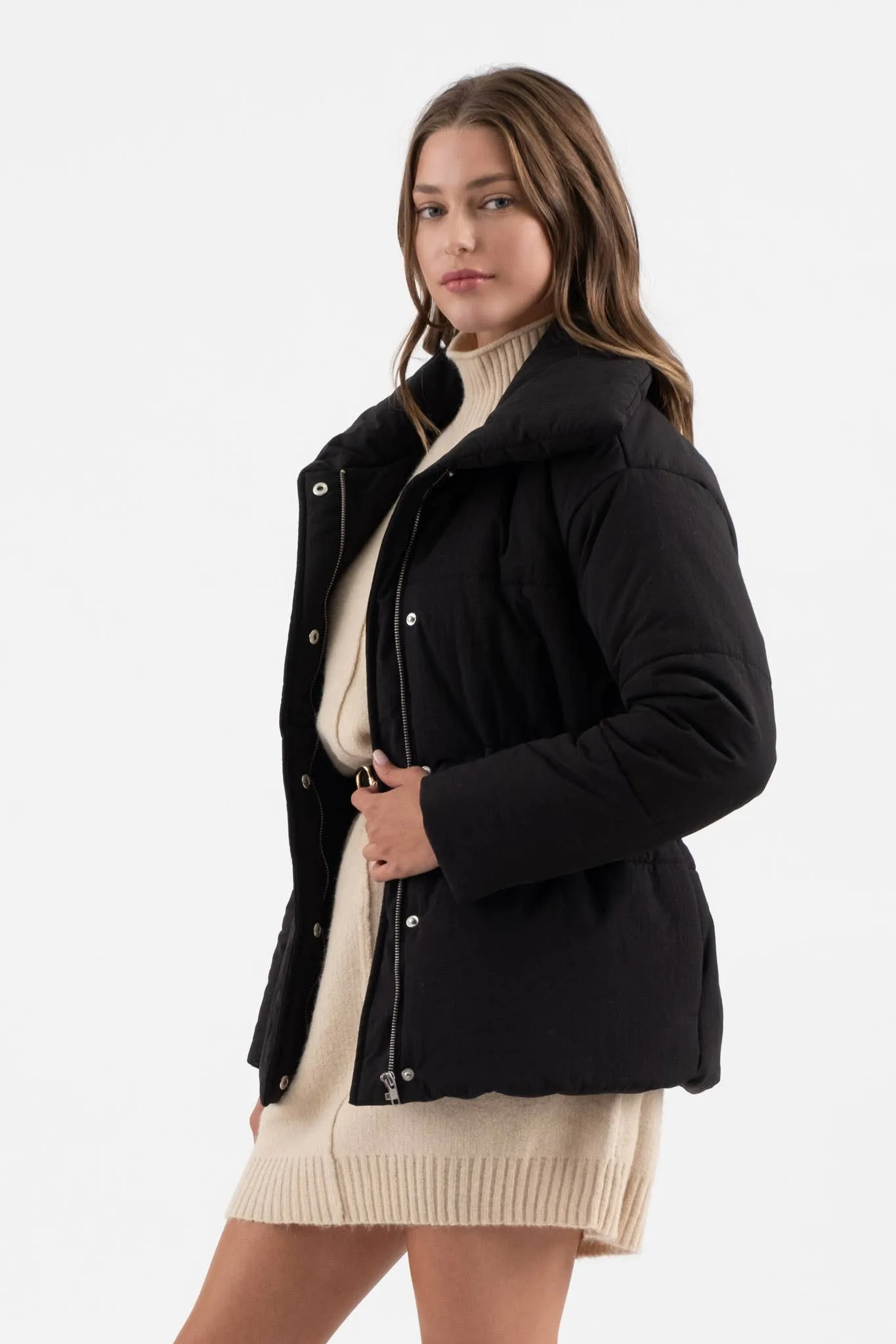 ELASTIC WAIST ZIP UP PUFFER JACKET: BLACK