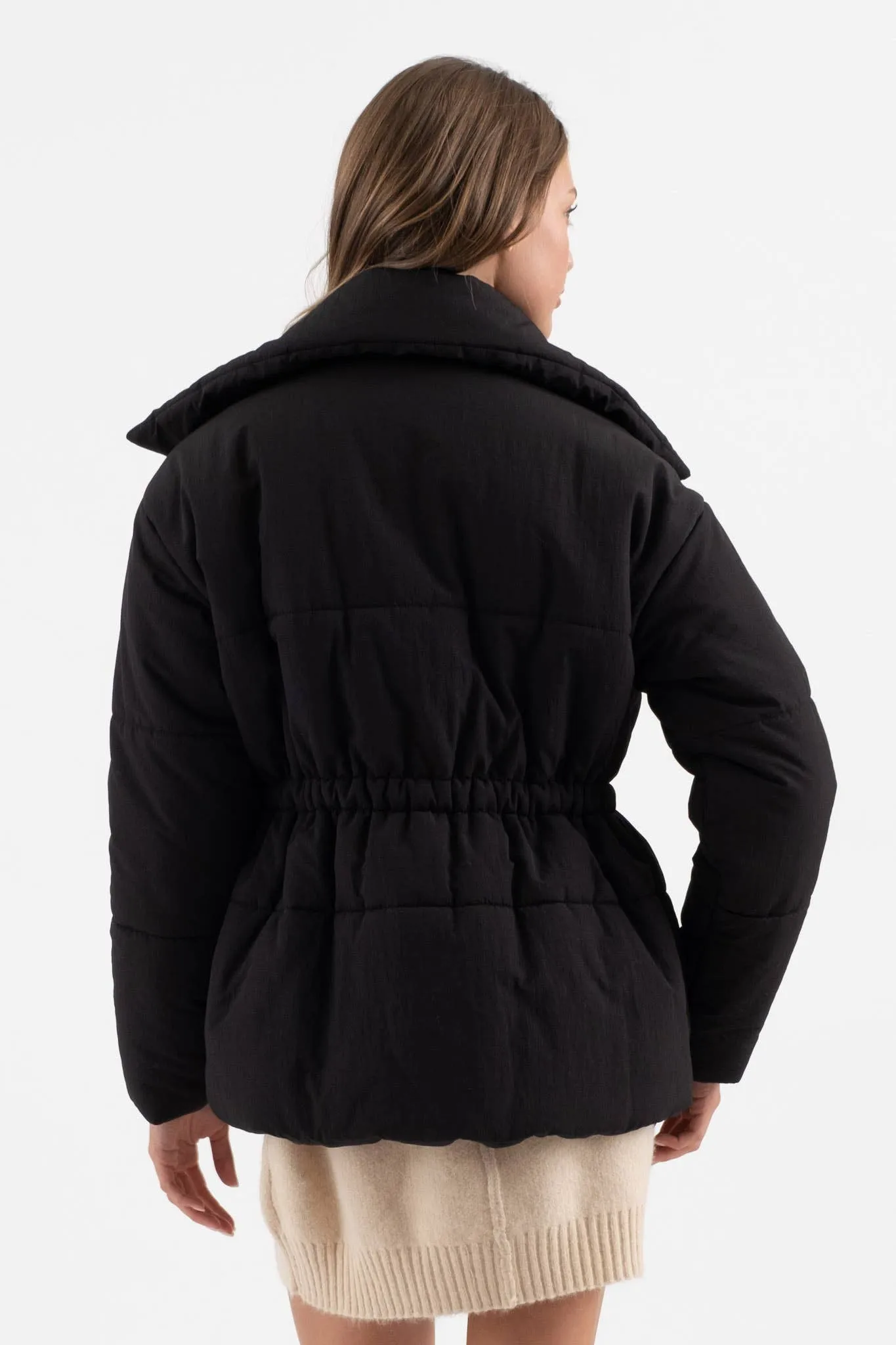 ELASTIC WAIST ZIP UP PUFFER JACKET: BLACK