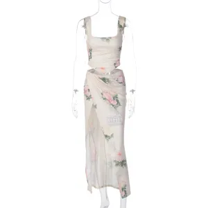 European and American New Women's Clothes Fresh Air Printed Vest Mid-Length Sexy Slit Shirred Skirt Sub-Suit One Piece Dropshipping