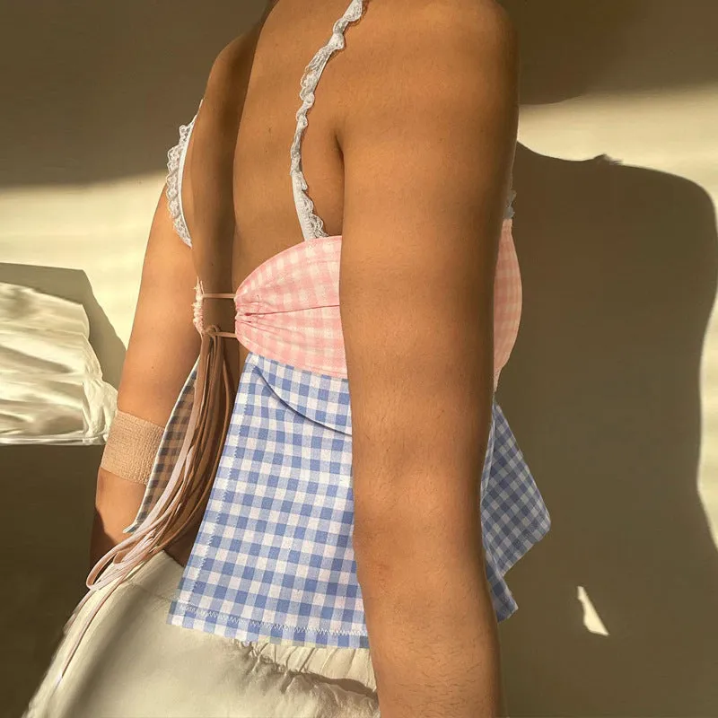 European and American Women's Clothing Summer New Fresh Plaid Stitching Contrast Color off-Neck Lace Lace Spaghetti-Strap Vest