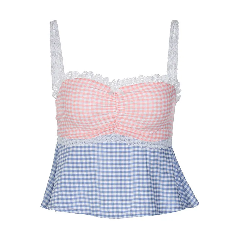 European and American Women's Clothing Summer New Fresh Plaid Stitching Contrast Color off-Neck Lace Lace Spaghetti-Strap Vest