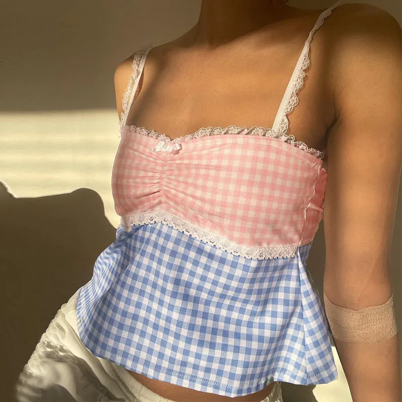 European and American Women's Clothing Summer New Fresh Plaid Stitching Contrast Color off-Neck Lace Lace Spaghetti-Strap Vest