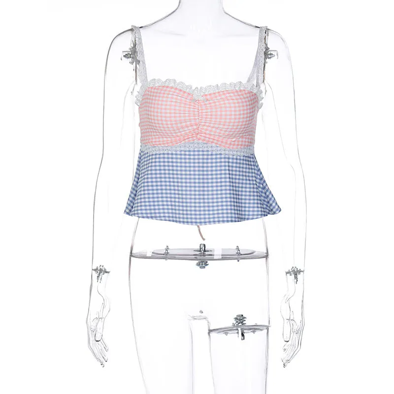 European and American Women's Clothing Summer New Fresh Plaid Stitching Contrast Color off-Neck Lace Lace Spaghetti-Strap Vest