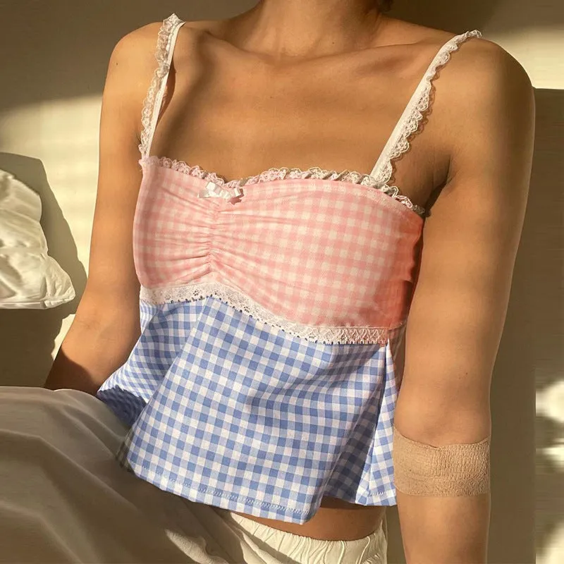 European and American Women's Clothing Summer New Fresh Plaid Stitching Contrast Color off-Neck Lace Lace Spaghetti-Strap Vest