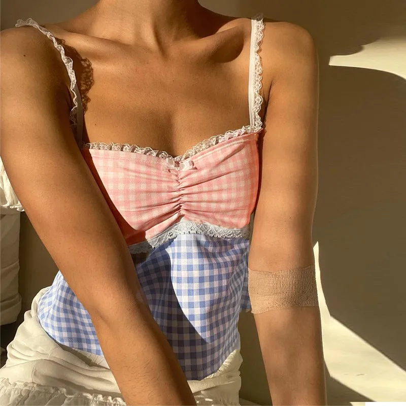 European and American Women's Clothing Summer New Fresh Plaid Stitching Contrast Color off-Neck Lace Lace Spaghetti-Strap Vest