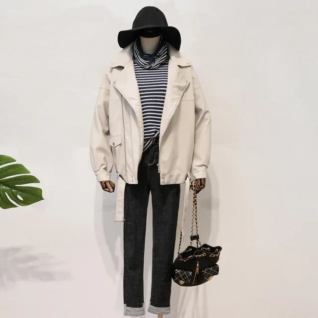 Faux Soft Leather Jacket Women Loose Female Turndown Collar Overcoat