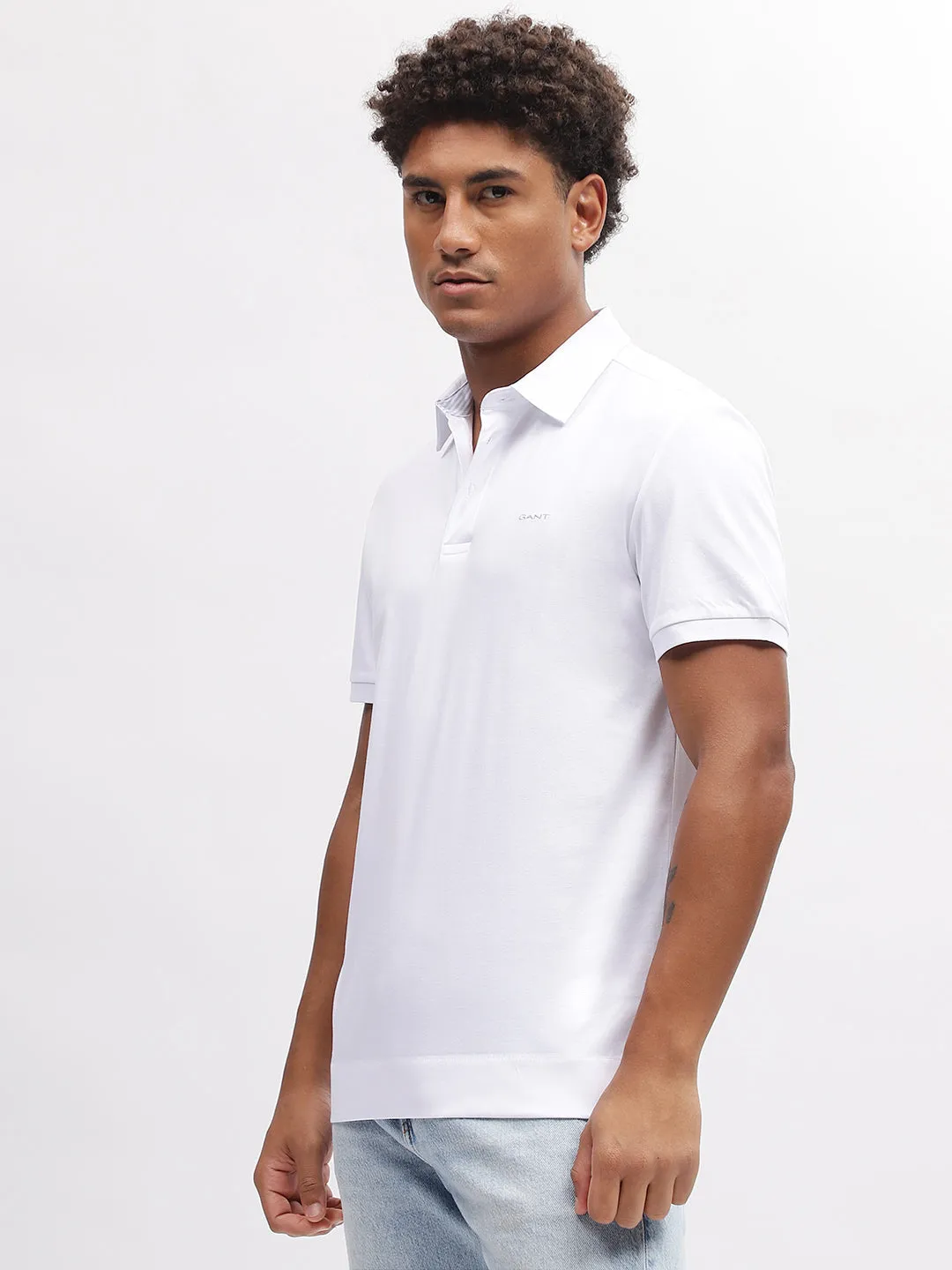 Gant Men White Solid Polo Collar Short Sleeves T-Shirt