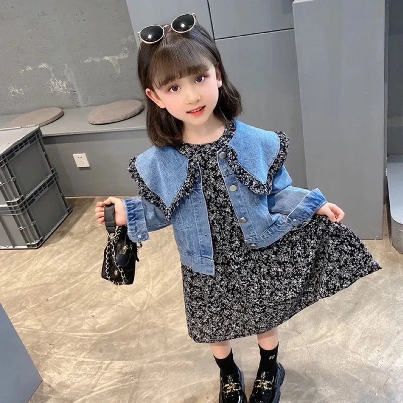 Girls Denim Jacket With Floral Dress - Cute Set For Kids With Frill Collar