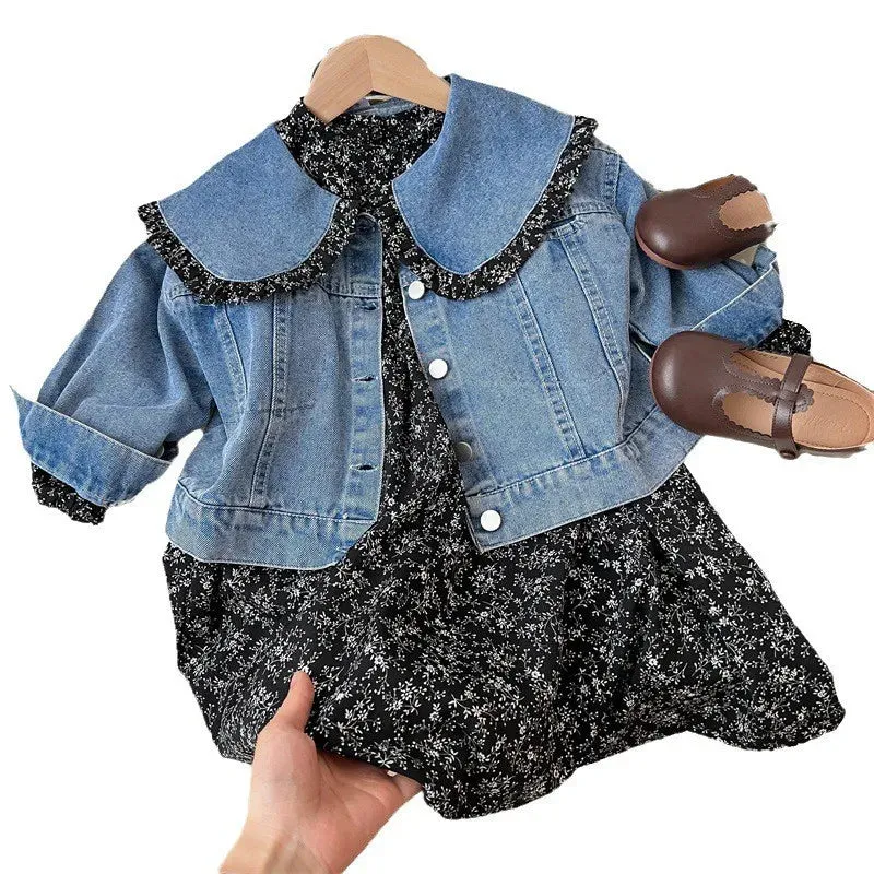 Girls Denim Jacket With Floral Dress - Cute Set For Kids With Frill Collar