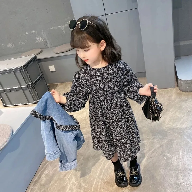 Girls Denim Jacket With Floral Dress - Cute Set For Kids With Frill Collar
