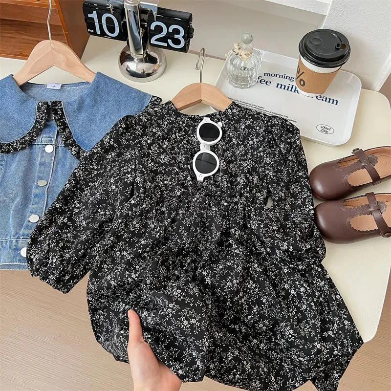 Girls Denim Jacket With Floral Dress - Cute Set For Kids With Frill Collar