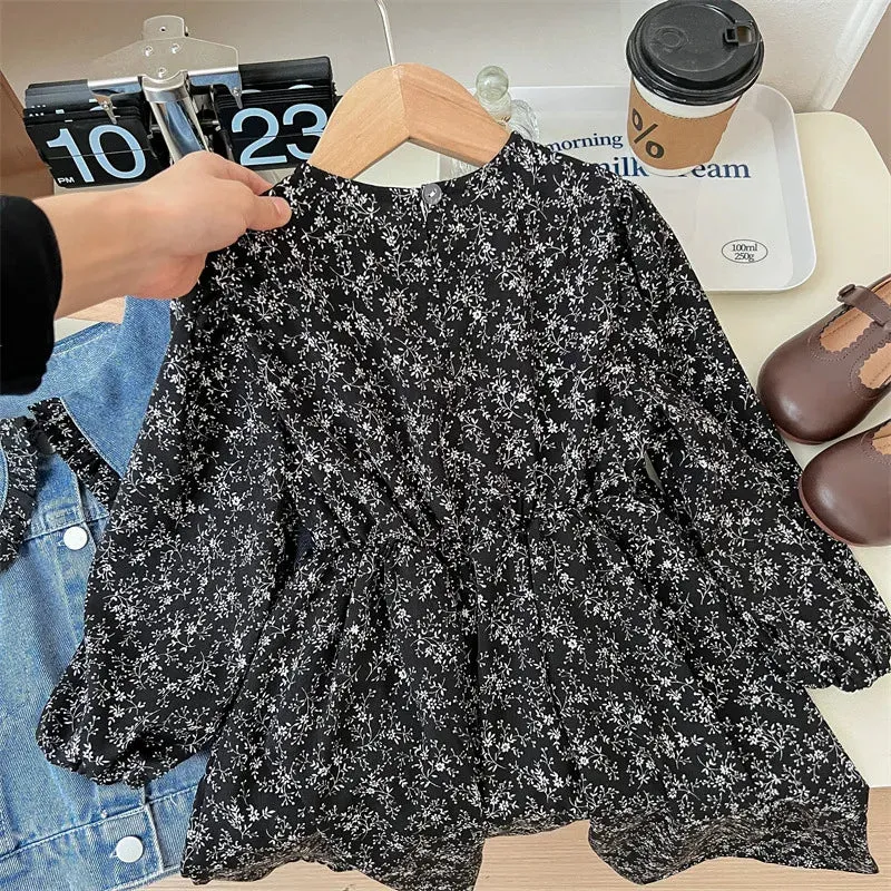 Girls Denim Jacket With Floral Dress - Cute Set For Kids With Frill Collar