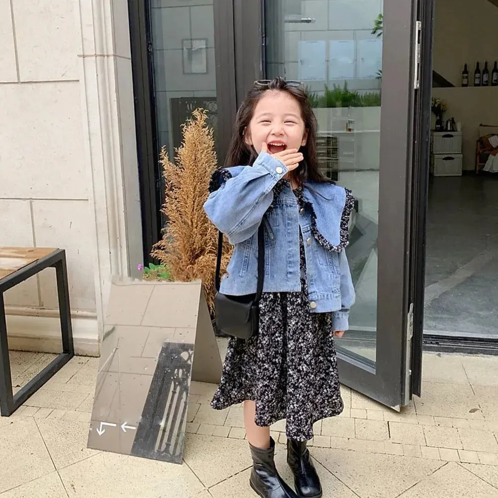 Girls Denim Jacket With Floral Dress - Cute Set For Kids With Frill Collar