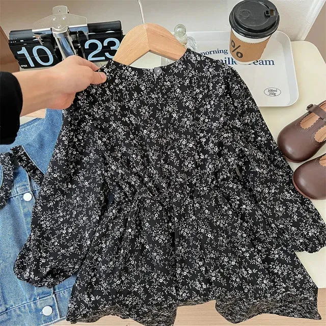 Girls Denim Jacket With Floral Dress - Cute Set For Kids With Frill Collar