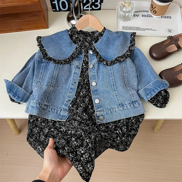 Girls Denim Jacket With Floral Dress - Cute Set For Kids With Frill Collar