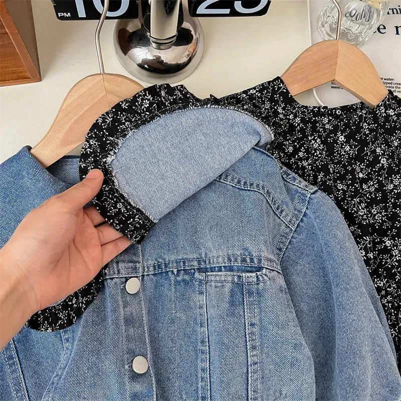 Girls Denim Jacket With Floral Dress - Cute Set For Kids With Frill Collar