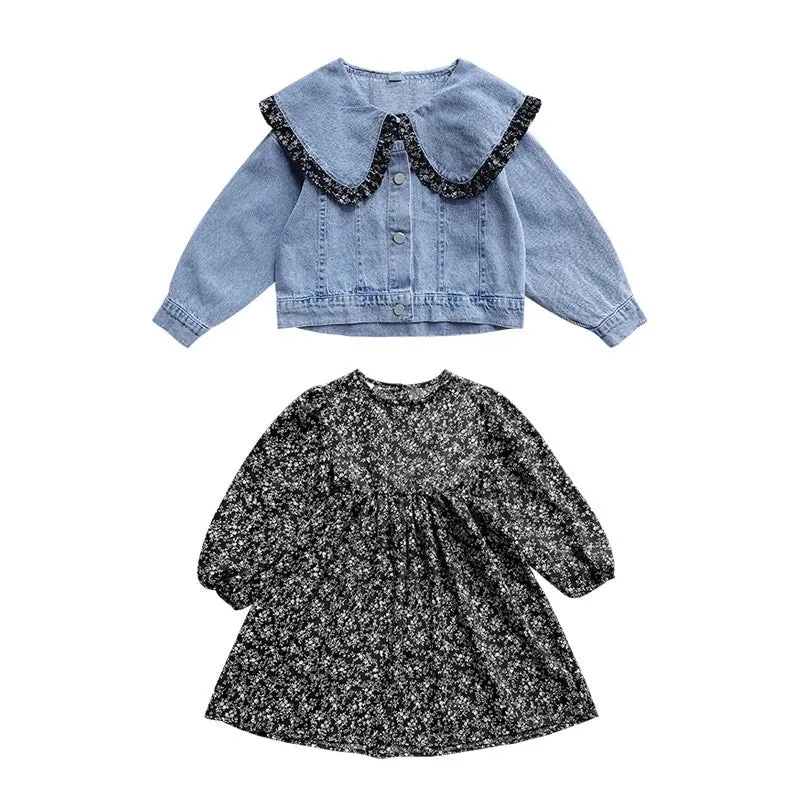 Girls Denim Jacket With Floral Dress - Cute Set For Kids With Frill Collar
