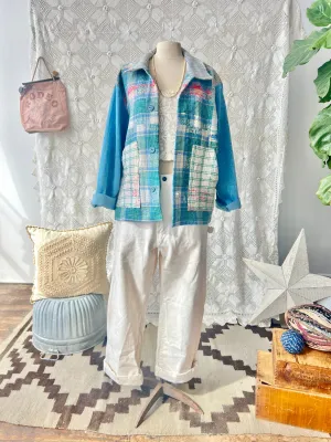 HF186 The Highlands Foundry Blue Kantha   Denim Sleeve Utility Jacket