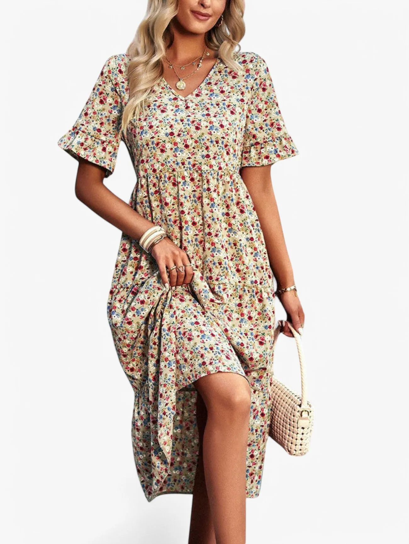 Jada | Women's Fancy Floral V-Neck Short Sleeve Summer Midi Dress
