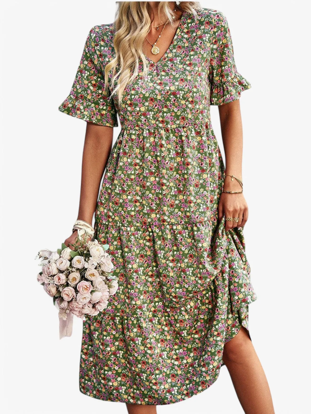Jada | Women's Fancy Floral V-Neck Short Sleeve Summer Midi Dress