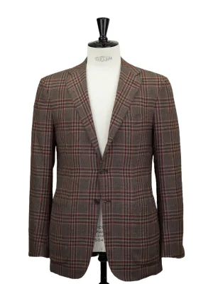 Kiton Brown & Red Cashmere, Linen & Silk Windowpane Jacket