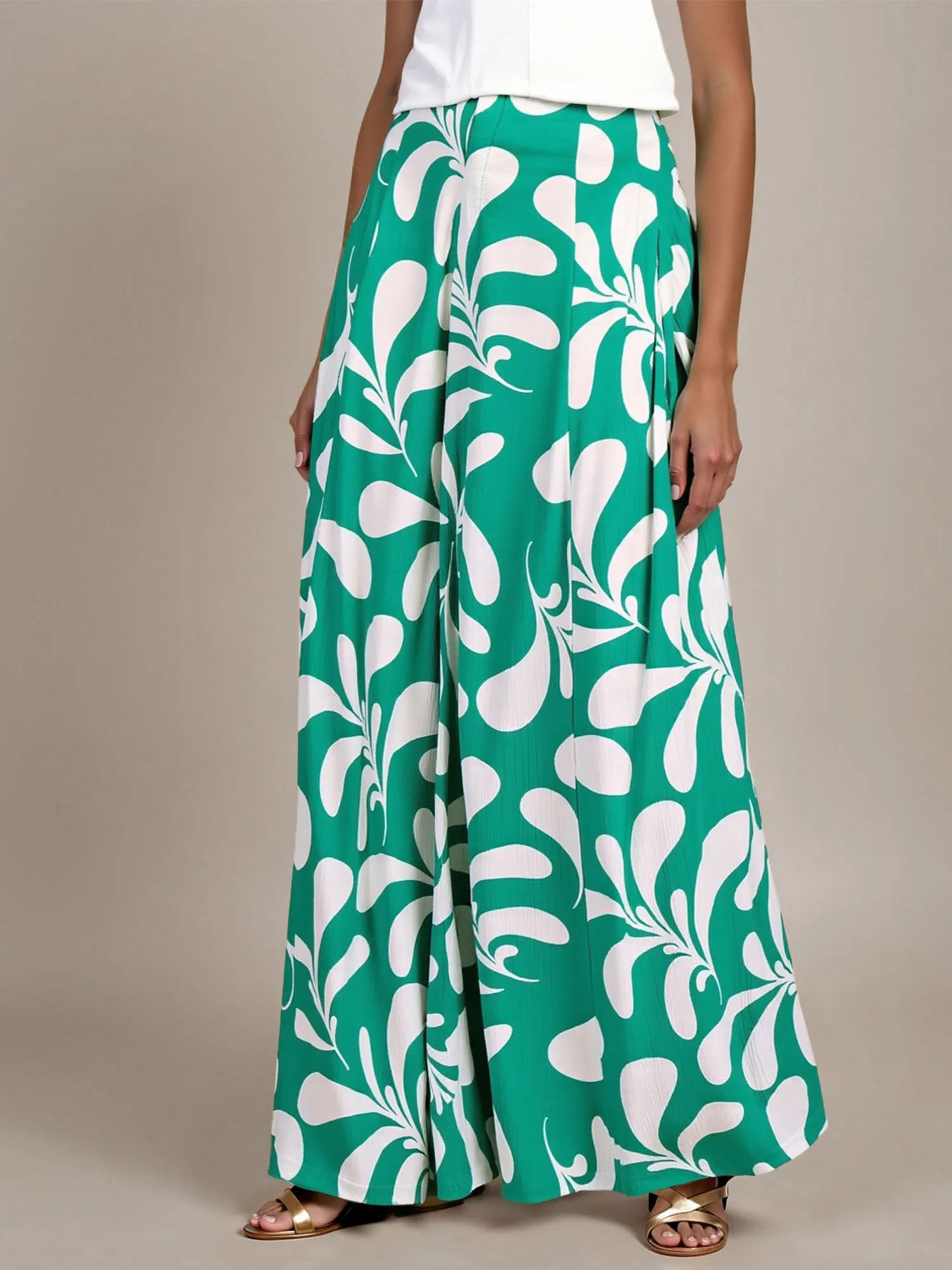 Leaf Print Palazzo Wide Leg Pants