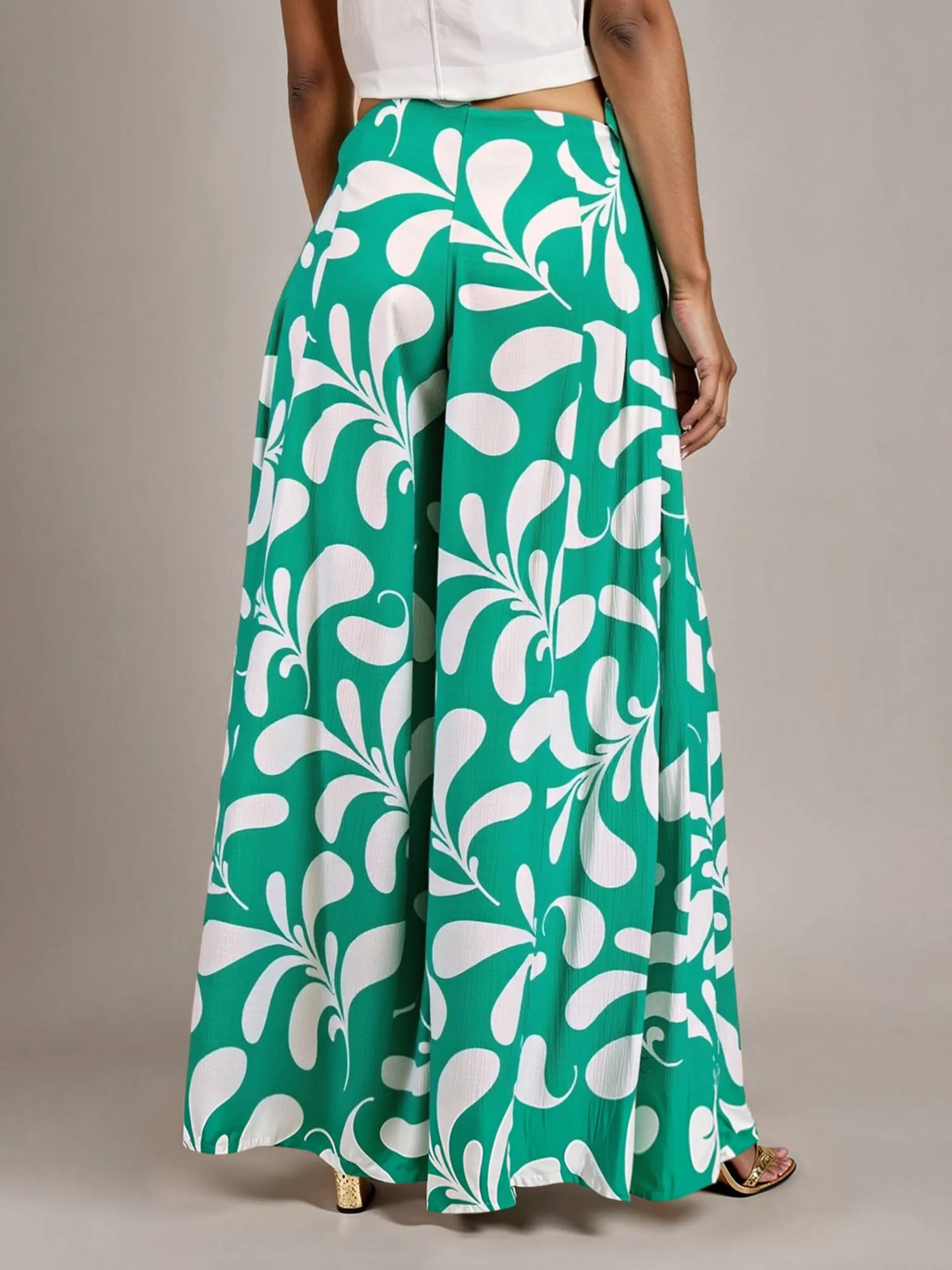 Leaf Print Palazzo Wide Leg Pants