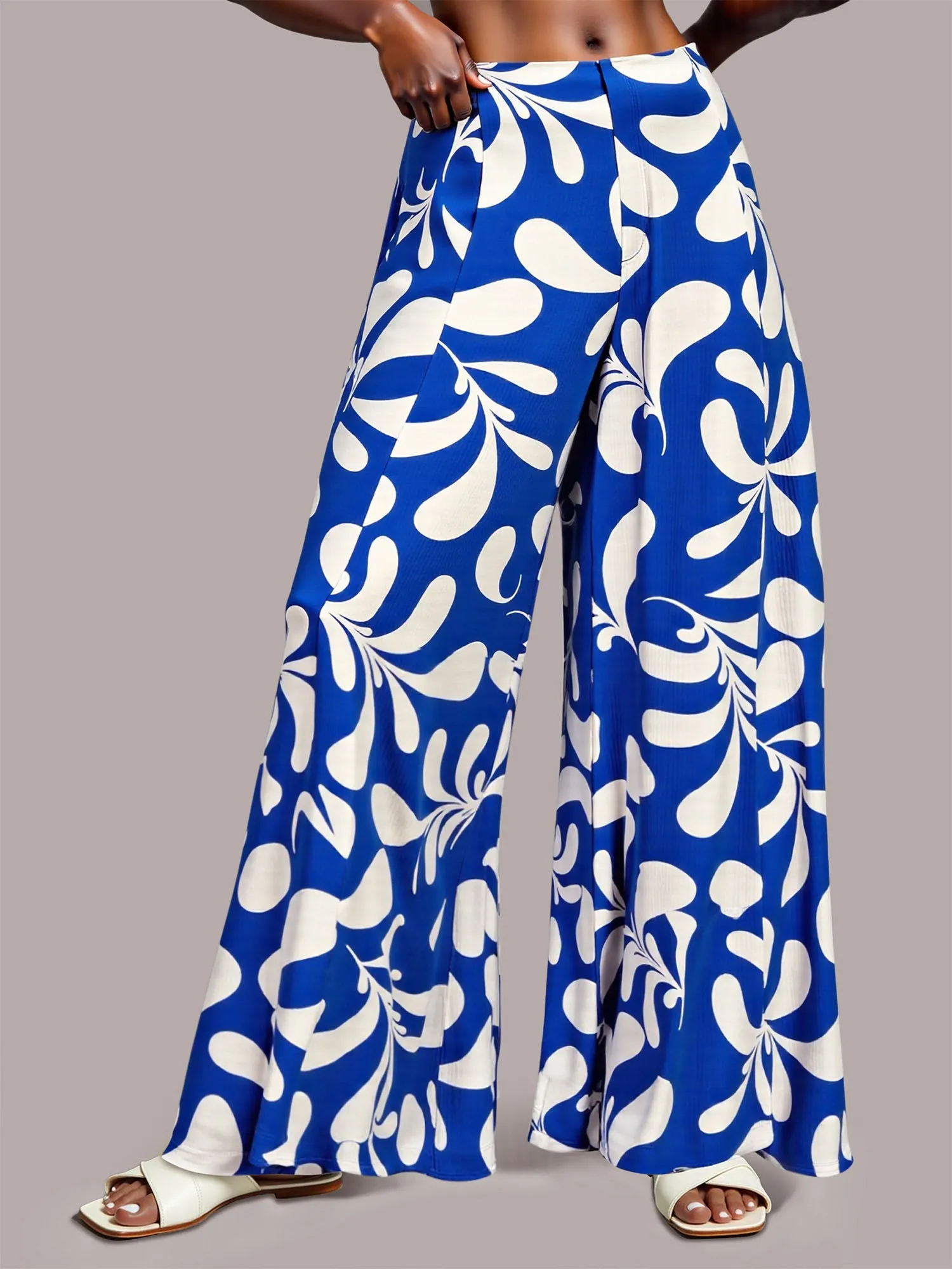 Leaf Print Palazzo Wide Leg Pants