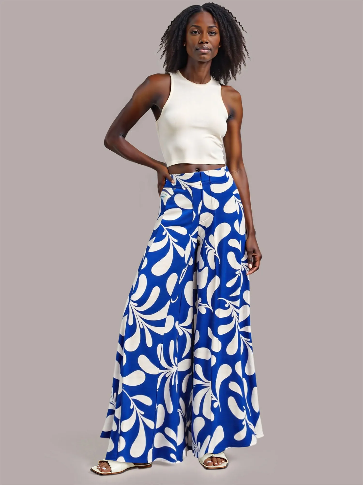 Leaf Print Palazzo Wide Leg Pants