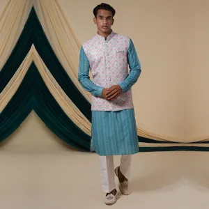 Light Blue Georgette Floral Print  Sequins Kurta Set With Jacket