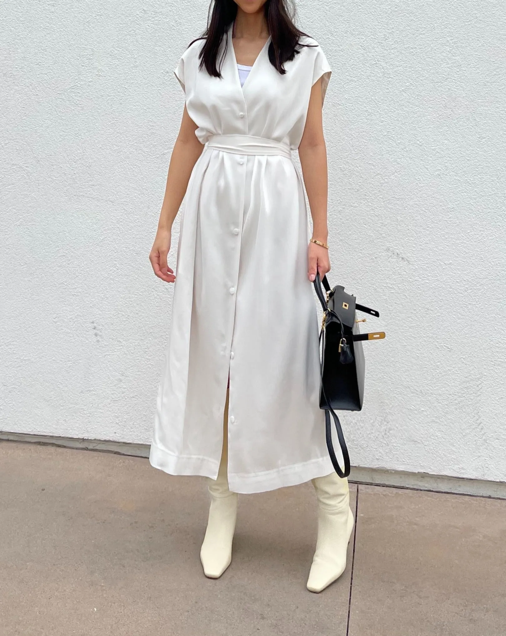 Maxi Vest Dress with Scarf in Off White