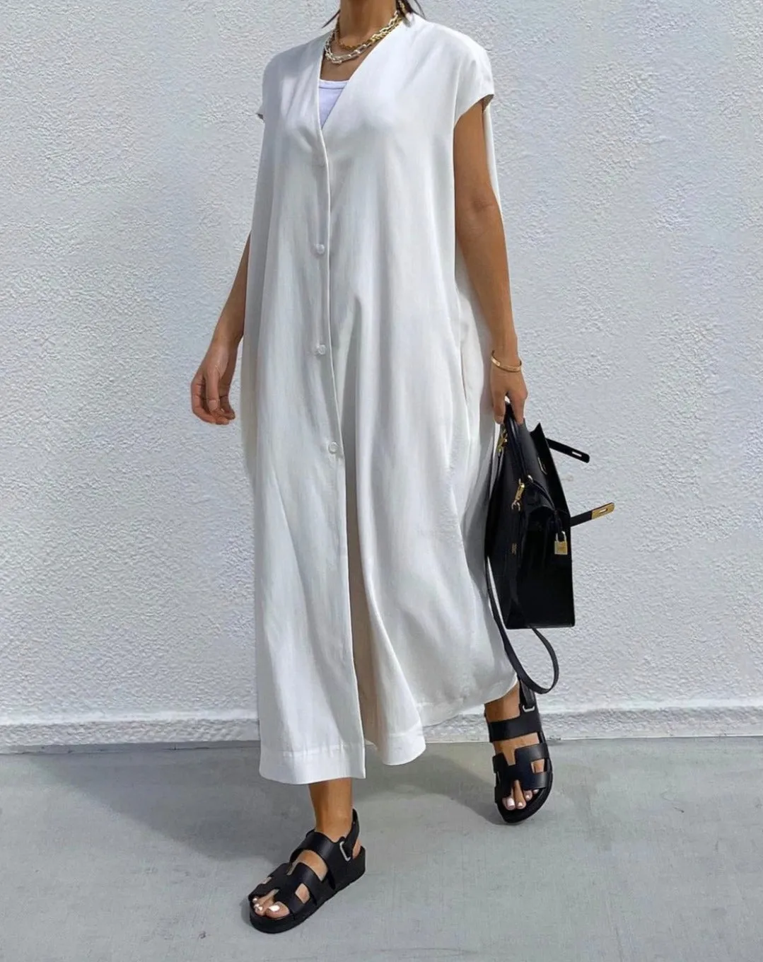 Maxi Vest Dress with Scarf in Off White