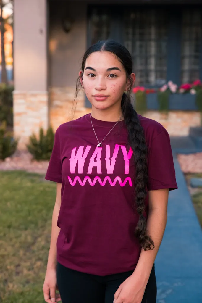 Neon Pink WAVY | Maroon Tee