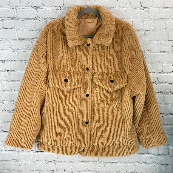 POL Oversized Ribbed Trucker Jacket Soft Teddy Sherpa