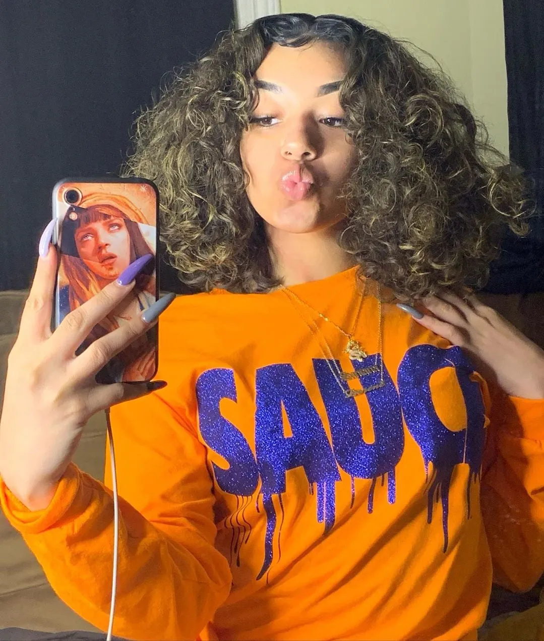 Royal Blue Glitter Sauce | Orange Long Sleeve Tee