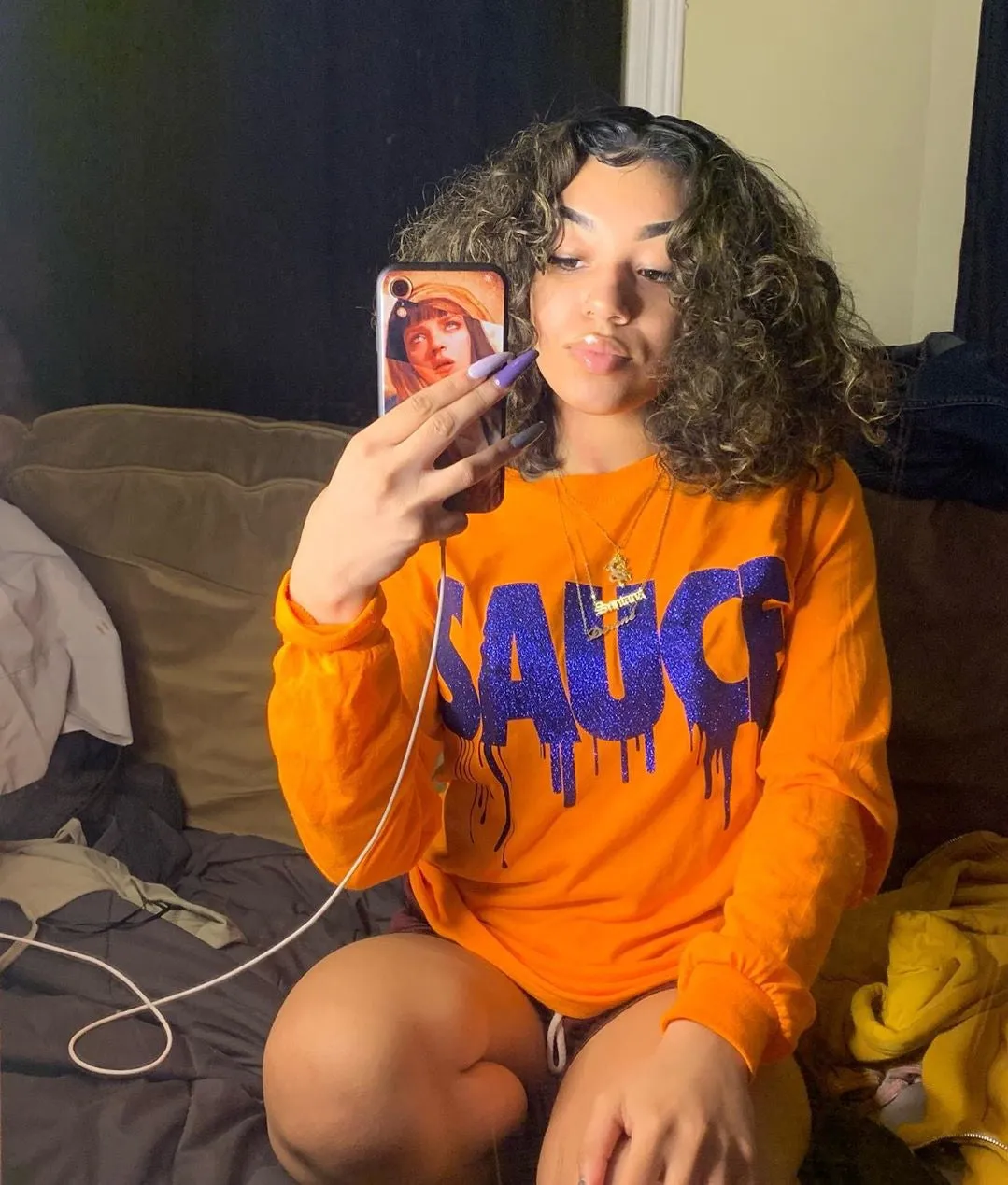 Royal Blue Glitter Sauce | Orange Long Sleeve Tee