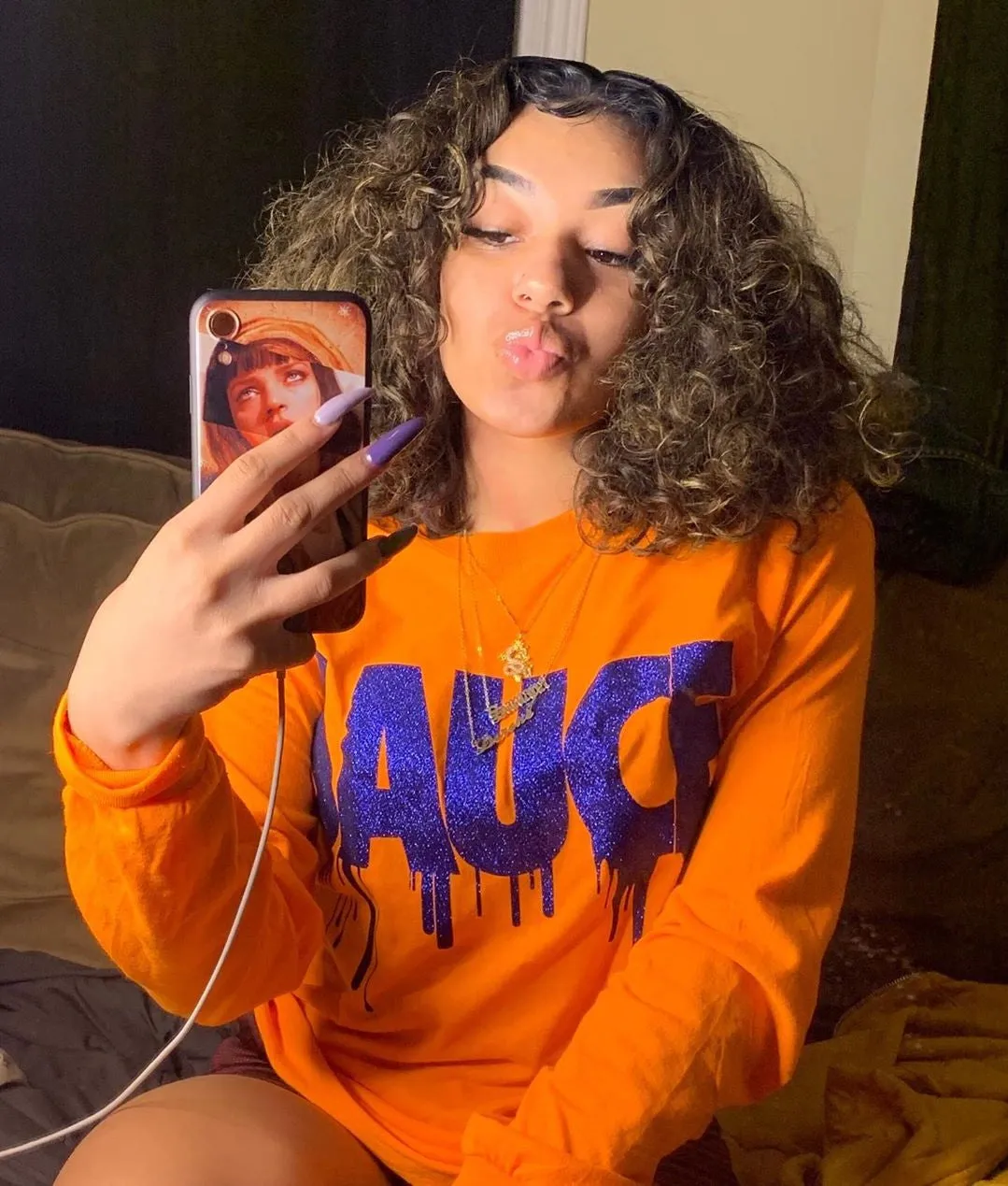 Royal Blue Glitter Sauce | Orange Long Sleeve Tee