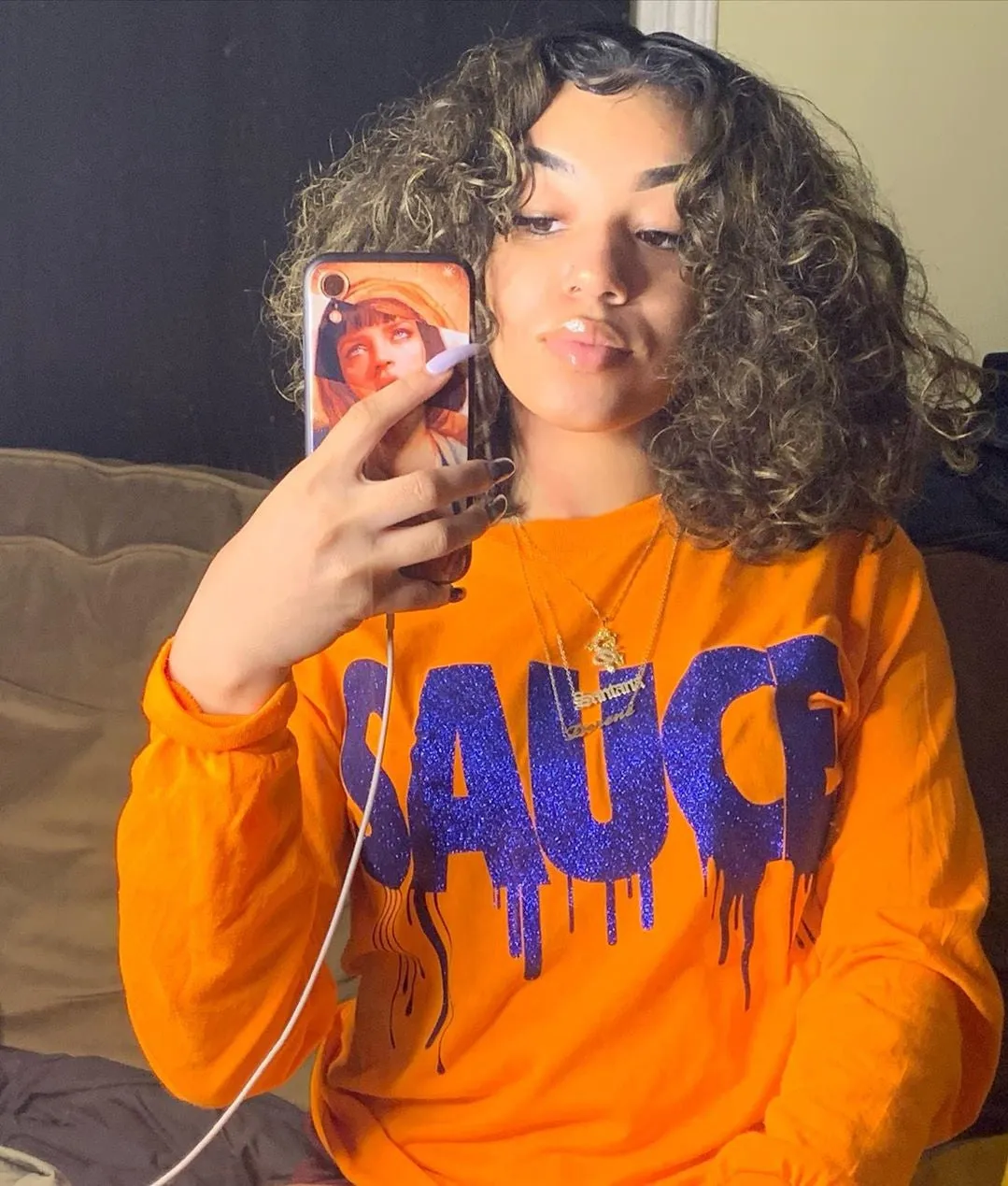 Royal Blue Glitter Sauce | Orange Long Sleeve Tee