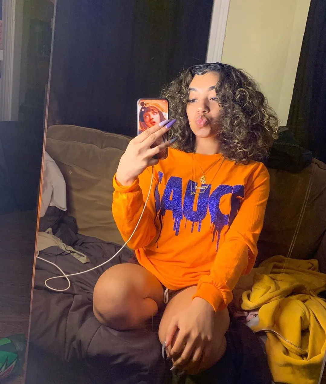Royal Blue Glitter Sauce | Orange Long Sleeve Tee